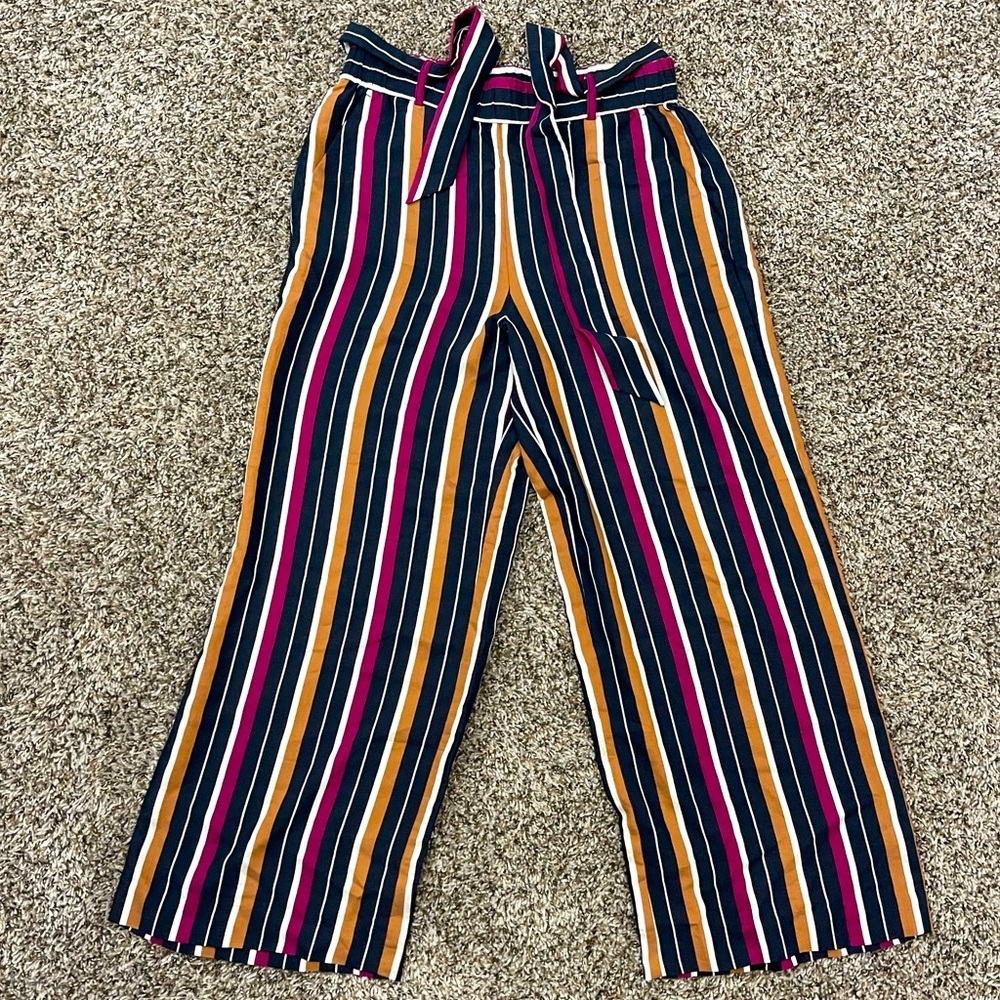 Ann Taylor Womens Pants Medium Wide Leg Rainbow Stripe Colorful Drawstrings